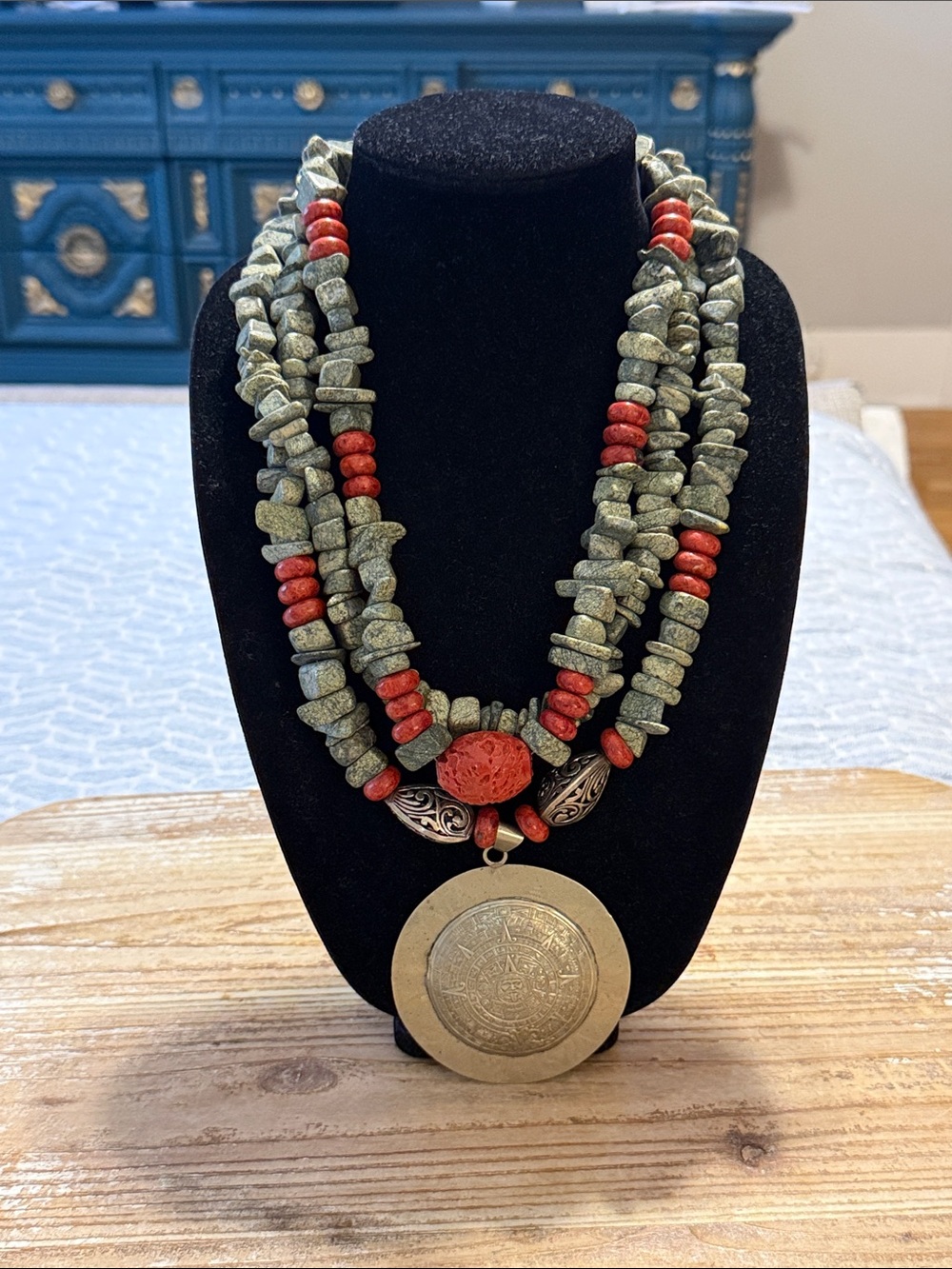Mexico Heavy Beaded Triple Layer Chunky Large Medallion Silver Pendant Necklace